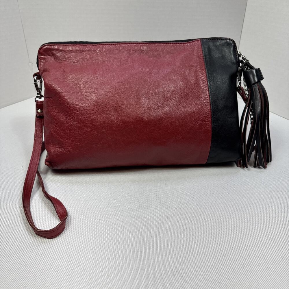 Nicoli Handbag Women's Red Black Leather Zip Tassel Shoulder Crossbody Bag